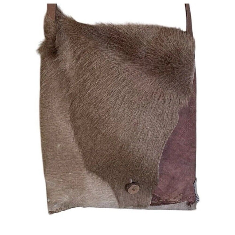 Full Grain Leather Mixed Animal Fur Shoulder Bag Tote Mexico Handmade Brown Boho